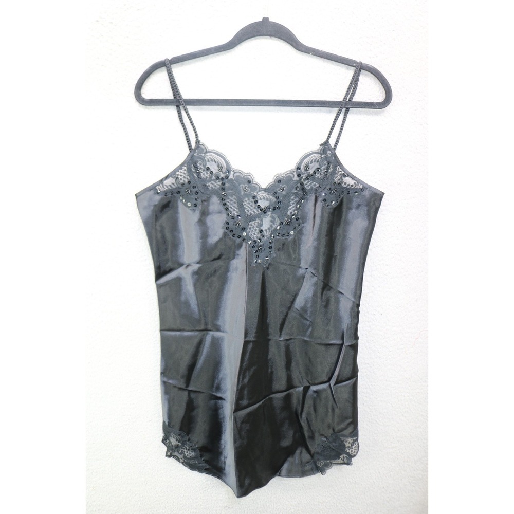 Delicates Black Lace Sequins Satin Babydoll-Medium-Sexy-Dark Romantic